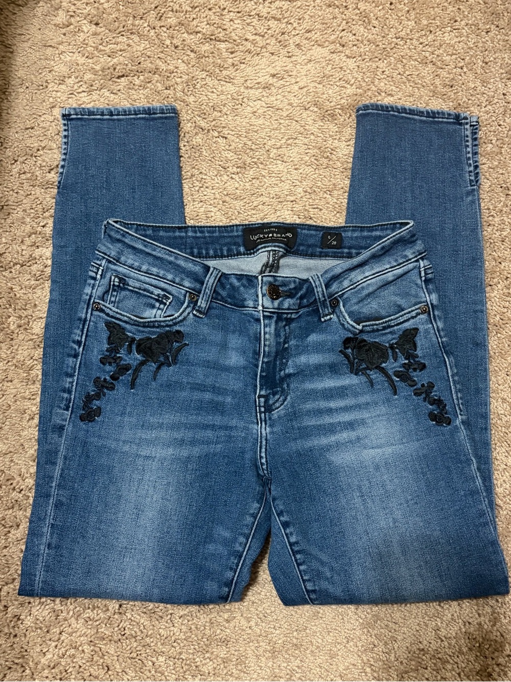 Lucky Brand Medium Blue Skinny Jeans with Black Floral Embroidery